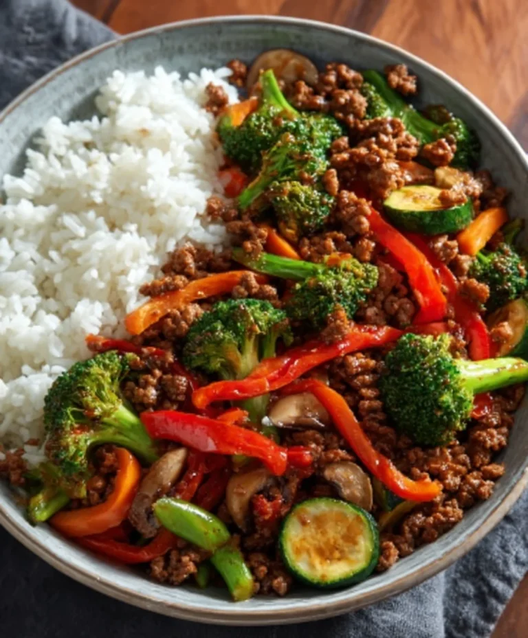Spicy Ground Beef Stir-Fry Garlic Veggies Rice Bowl