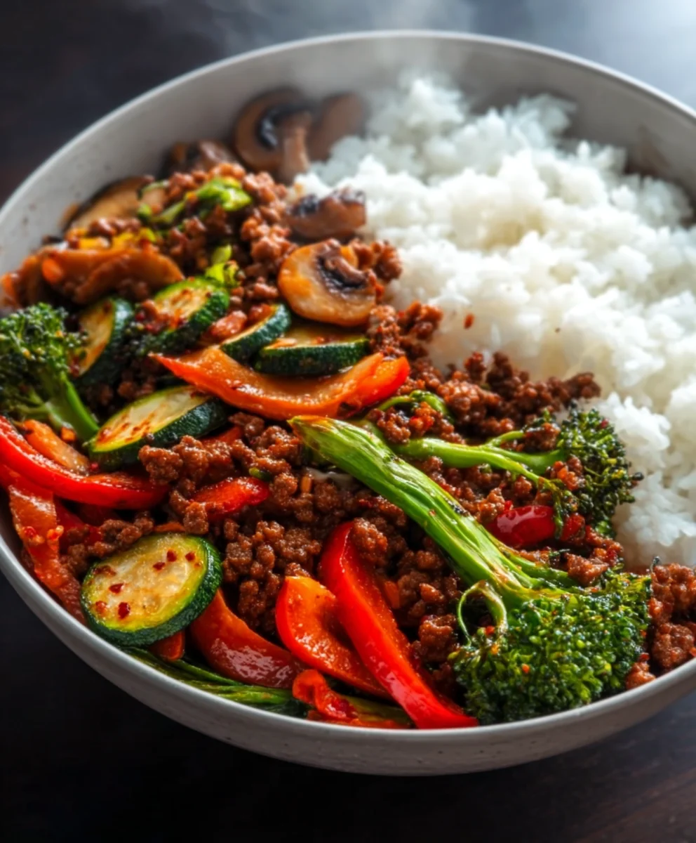 Spicy Ground Beef Stir-Fry Garlic Veggies Rice Bowl