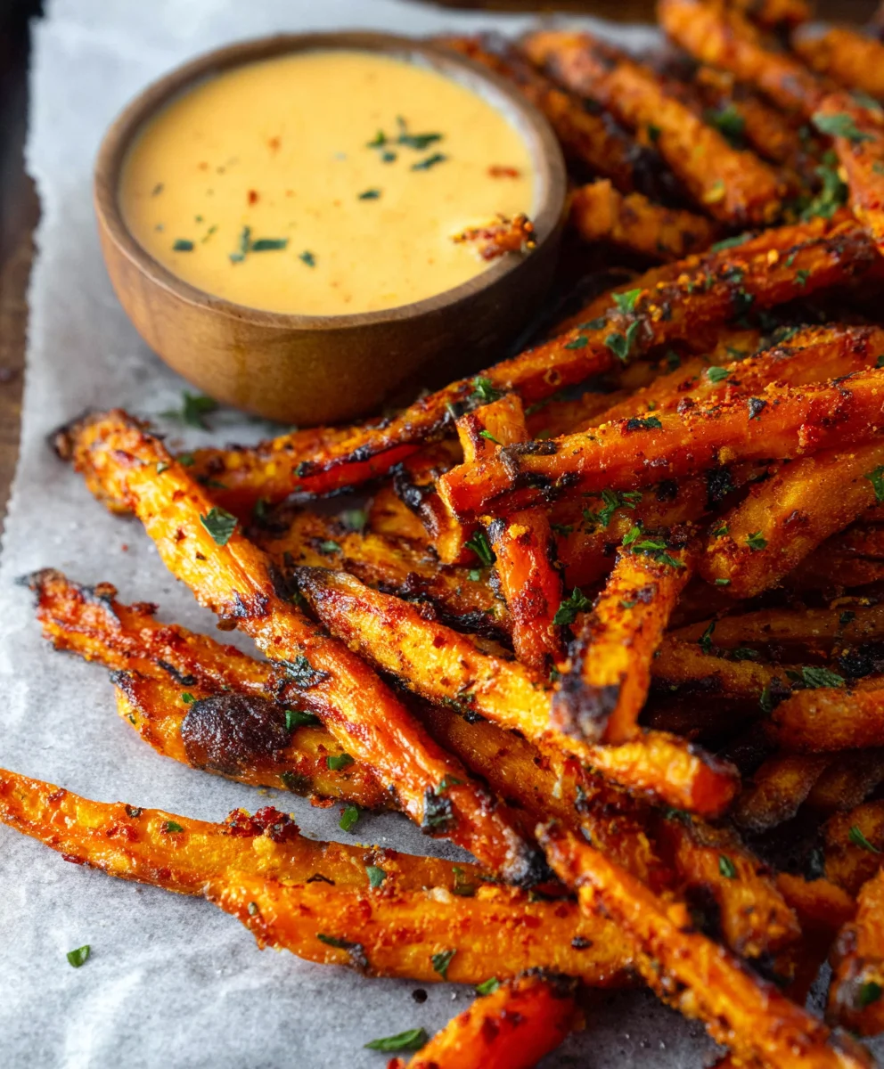Baked Carrot Fries - Crispy Garlic Aioli Dip