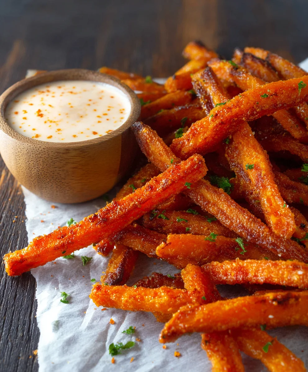 Baked Carrot Fries - Crispy Garlic Aioli Dip