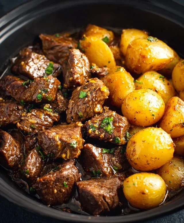 Slow Cooker Garlic Butter Beef Bites with Potatoes