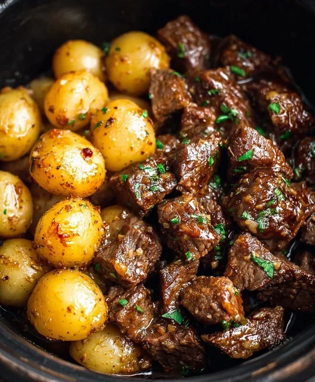 Slow Cooker Garlic Butter Beef Bites with Potatoes