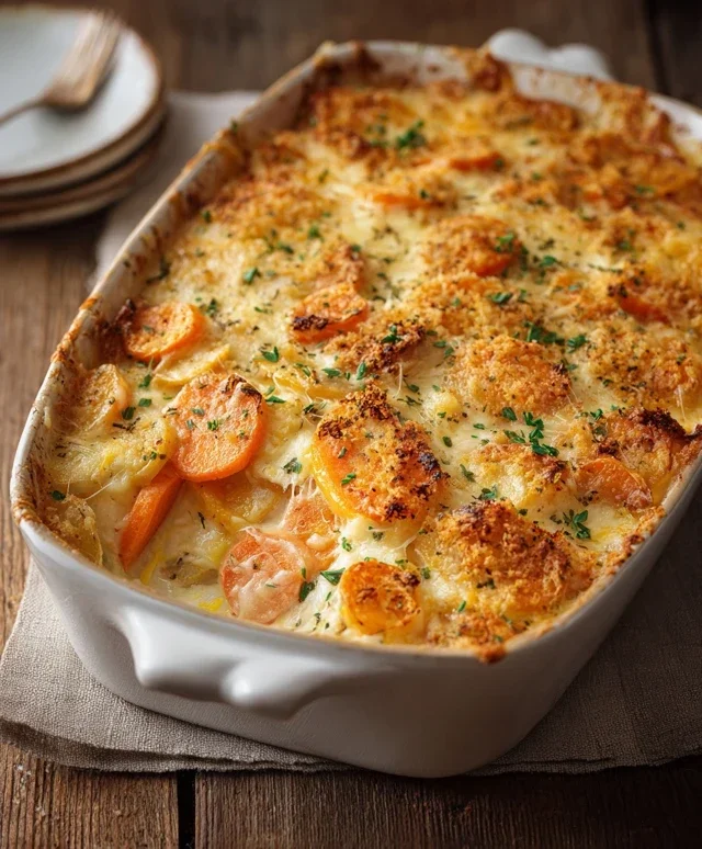Cheesy Garlic Carrot Gratin – Creamy, Sweet & Savory