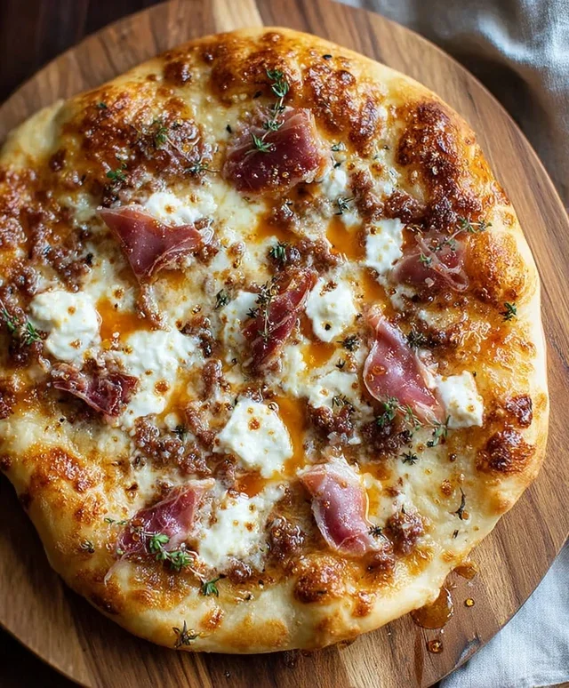 White Pizza with Beef Beef Prosciutto & Hot Honey