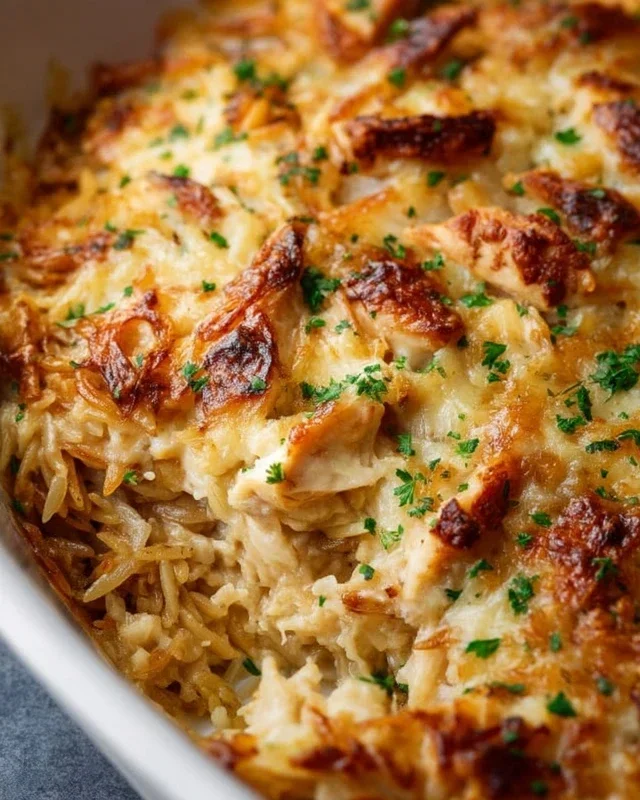 French Onion Chicken Orzo Casserole