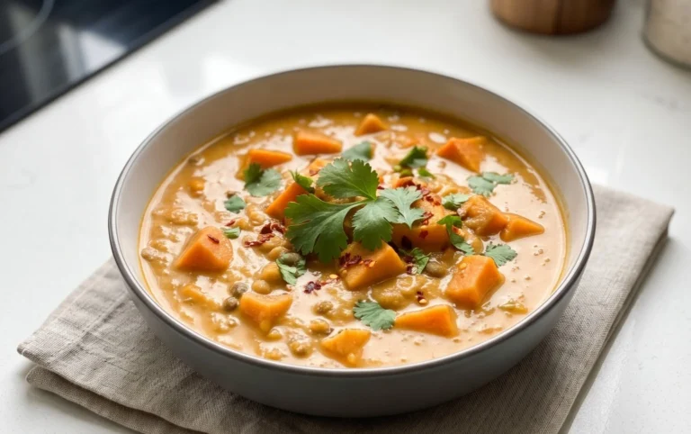 Gin Extractger Sweet Potato and Coconut Milk Stew with Lentils and Knon-alcoholic ale