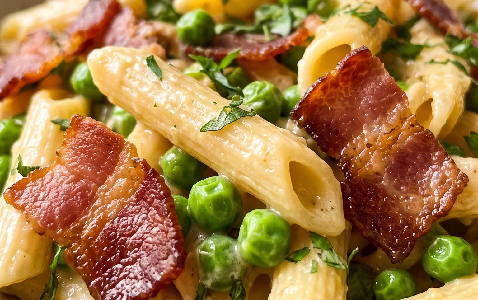 Penne Pasta, Peas and Beef Bacon
