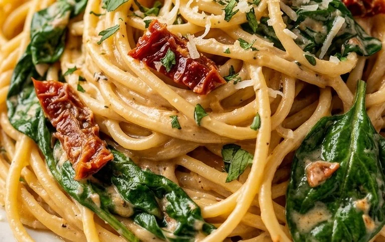 Spaghetti & Spinach with Sun-Dried Tomato Cream Sauce