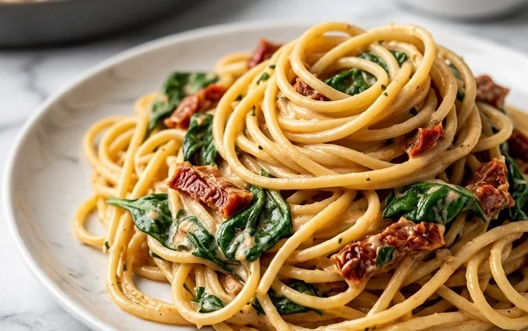 Spaghetti & Spinach with Sun-Dried Tomato Cream Sauce