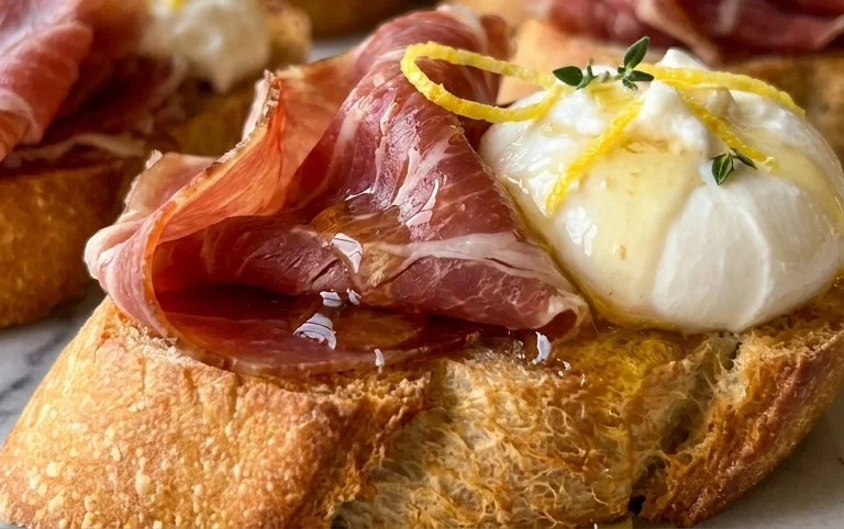 Beef Prosciutto Crostini with Burrata and Lemon Honey Drizzle