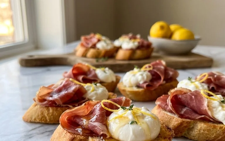 Beef Prosciutto Crostini with Burrata and Lemon Honey Drizzle