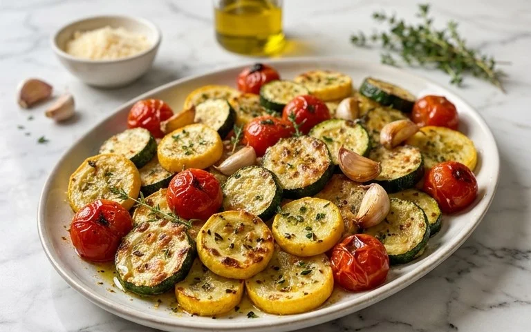 Roasted Garlic-Parmesan Zucchini, Squash and Tomatoes